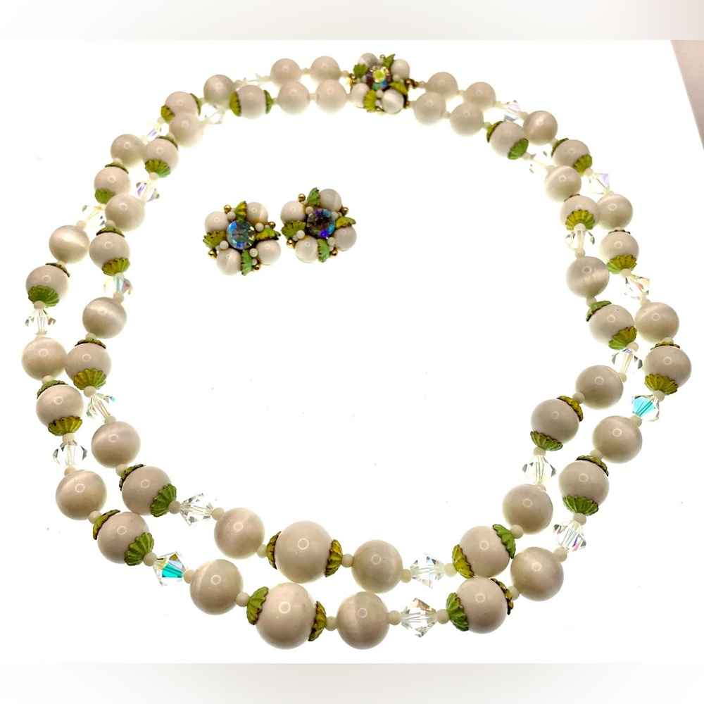 Vintage MCM Double Strand Acrylic Bead Faceted Crystals Necklace with Earrings - Picture 2 of 13